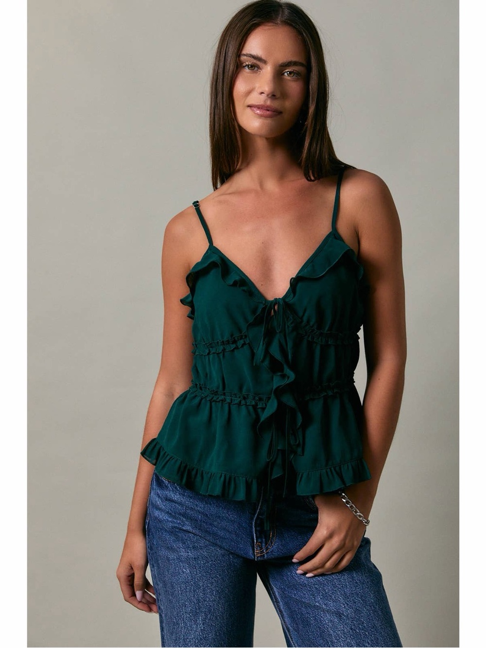 Le Lis Deep Teal Ruffled Tie-Front Tank